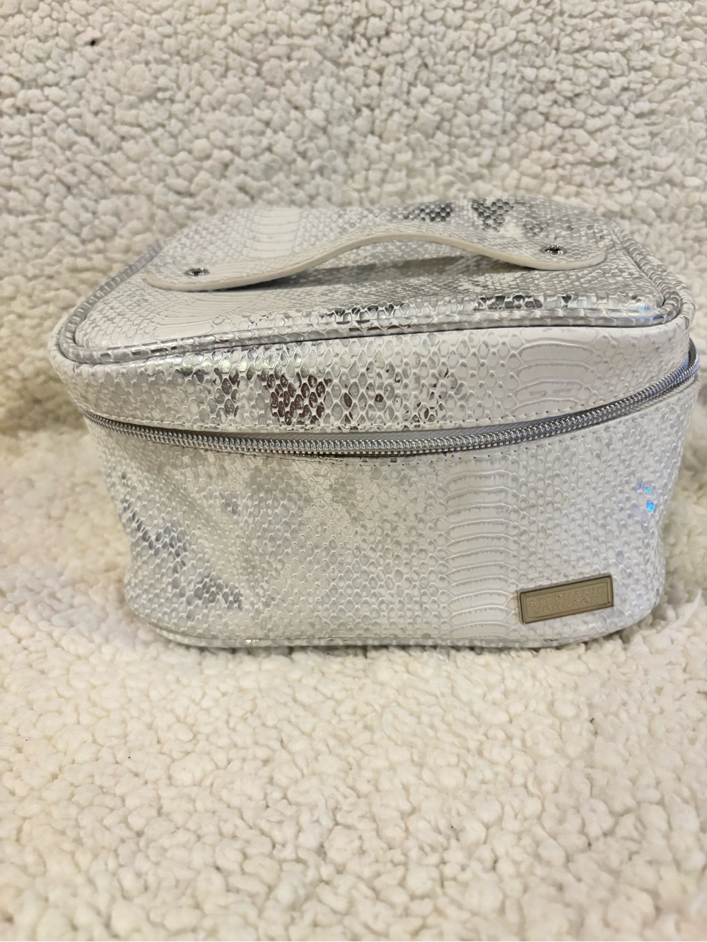 Stephanie Johnson White Snake-Embossed Cosmetic Case with Top Handle